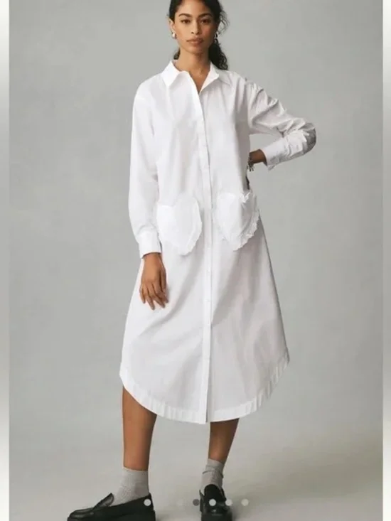 Anthropologie Maeve Long-Sleeve Cotton Midi Shirt Dress Heart Pockets Small NWT - Picture 1 of 4
